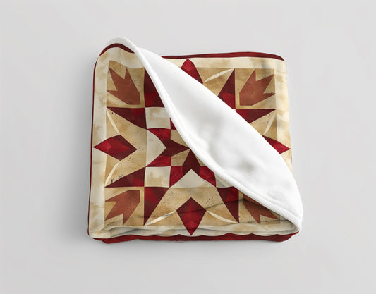 Red/Tan Multicolor Barn Quilt-Inspired Plush Throw Blanket - Cozy Geometric Velveteen Fleece Accent