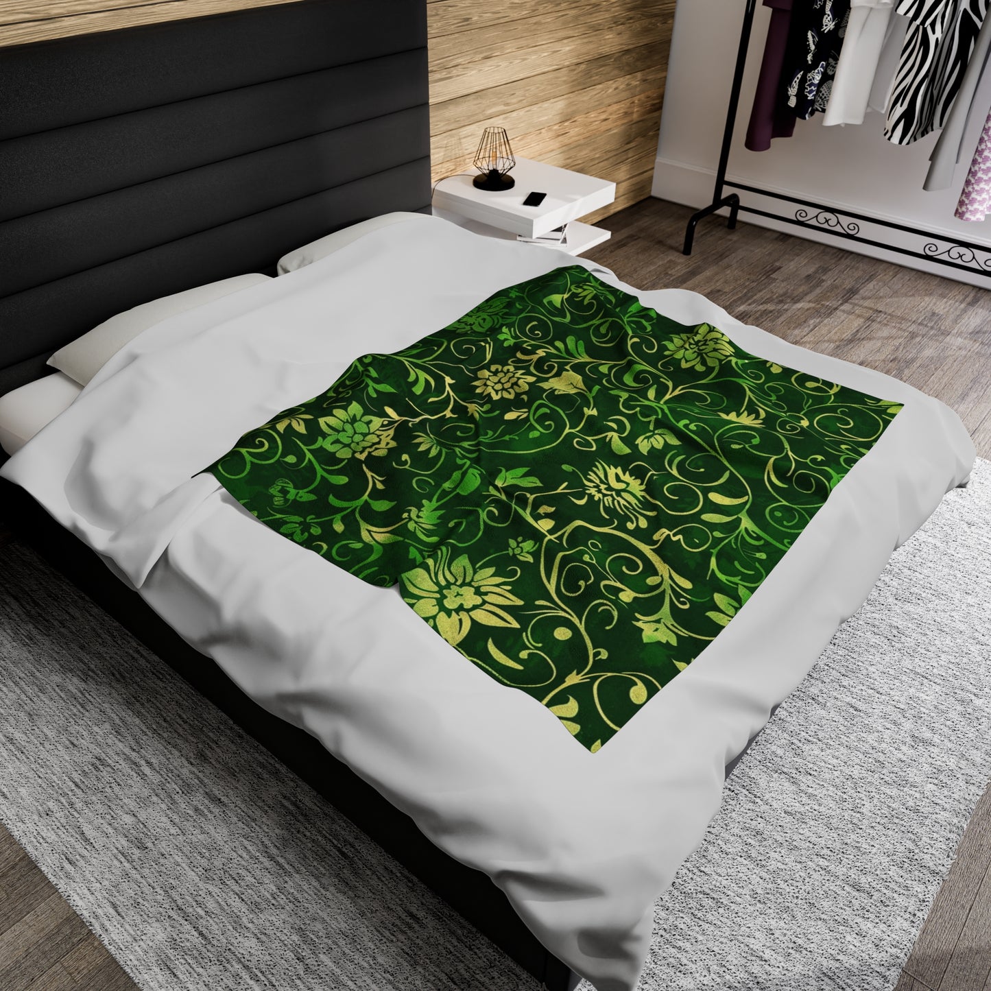 Verdant Vines Green Floral - Velveteen Fleece Throw Blanket