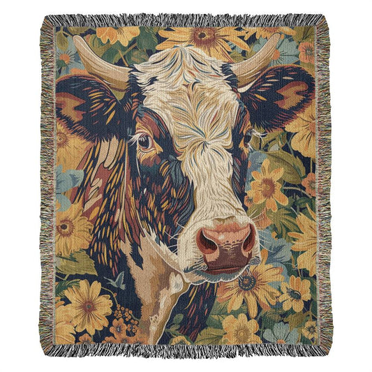 Floral Fable Cow Woven Wool Blanket