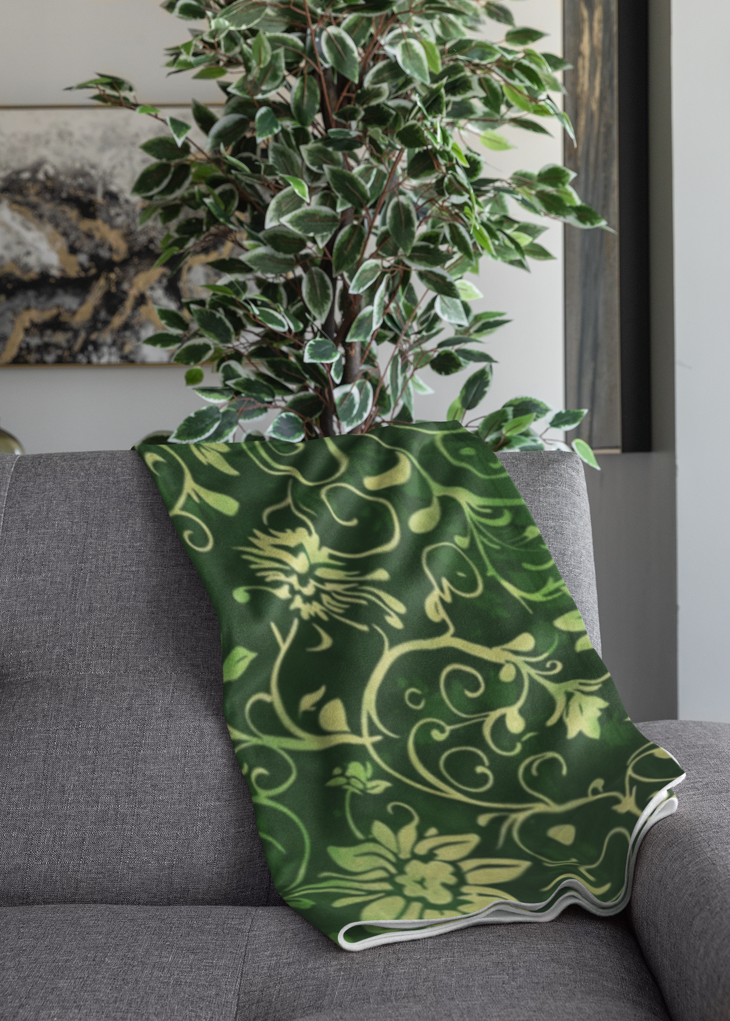 Verdant Vines Green Floral - Velveteen Fleece Throw Blanket