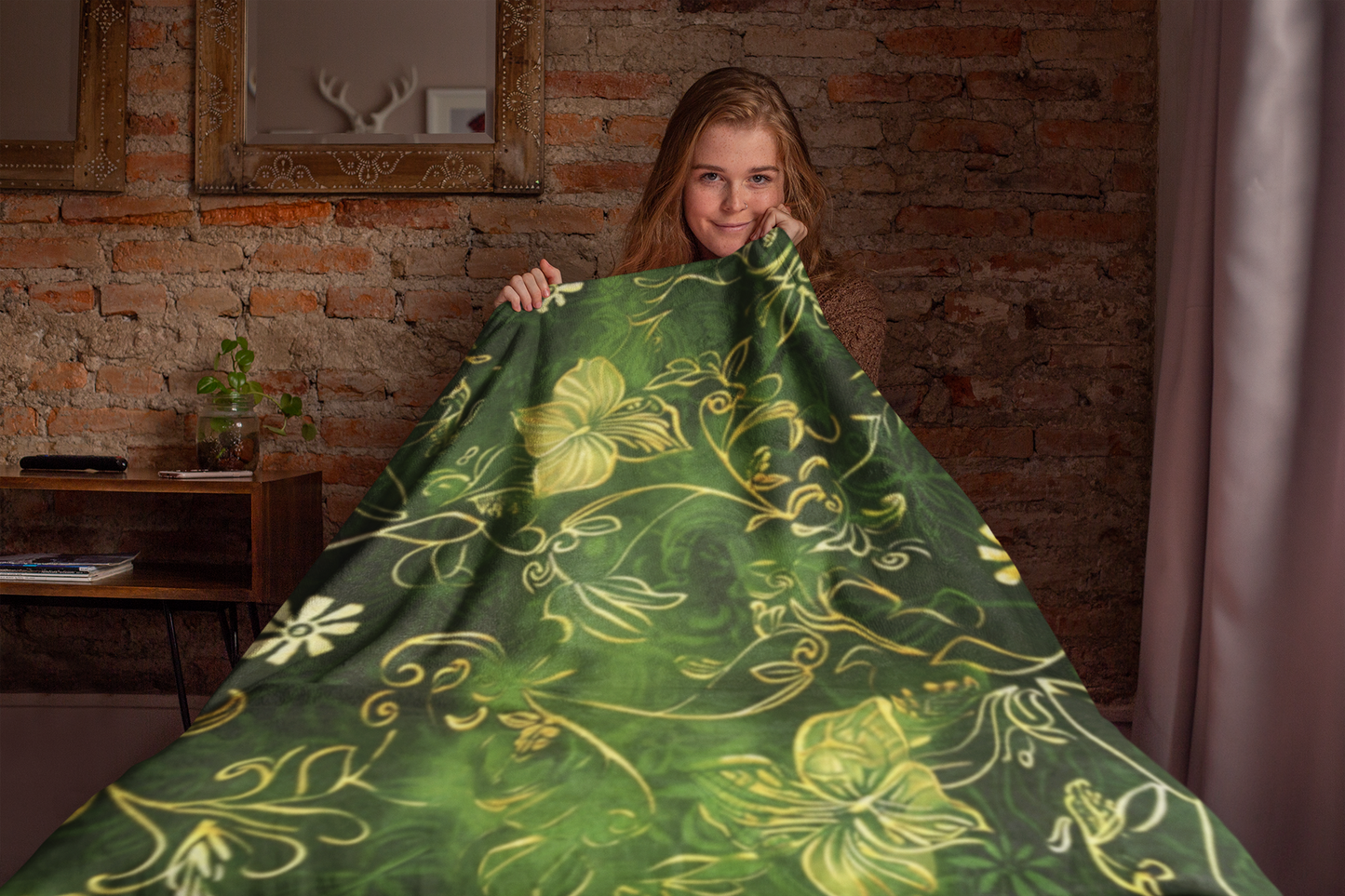 Emerald Elegance Gold and Green Floral Velveteen Fleece Throw Blanket
