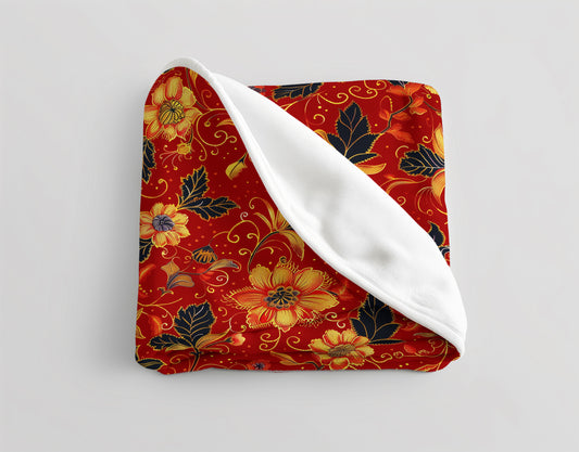 Fiery Florals Red and Gold Embellished Velveteen Fleece Throw Blanket