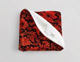 Crimson Contrast Striking Red and Black Floral Elegance Velveteen Fleece Throw Blanket