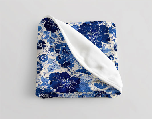 Classic Blue and White Floral Velveteen Fleece Throw Blanket