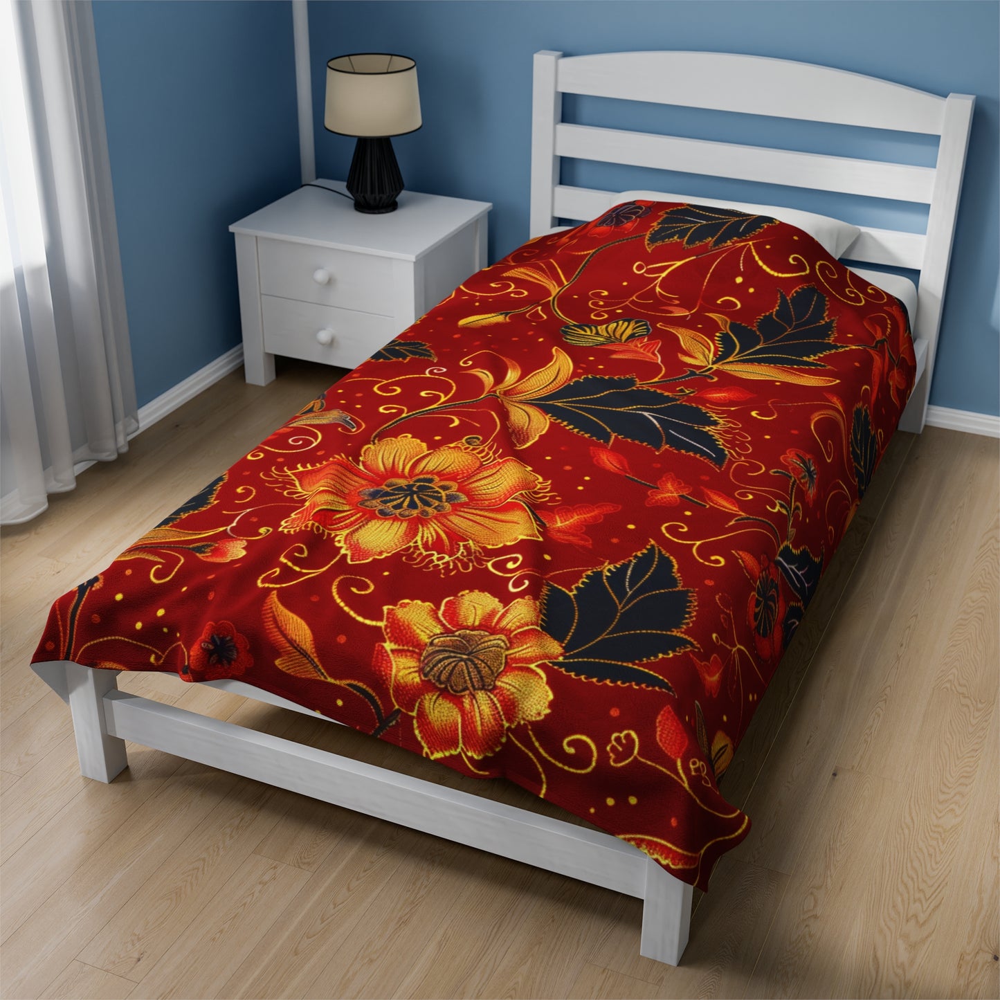 Fiery Florals Red and Gold Embellished Velveteen Fleece Throw Blanket