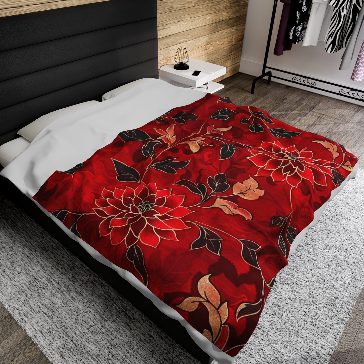 Scarlet Symphony Red and Black Floral Velveteen Fleece Throw Blanket