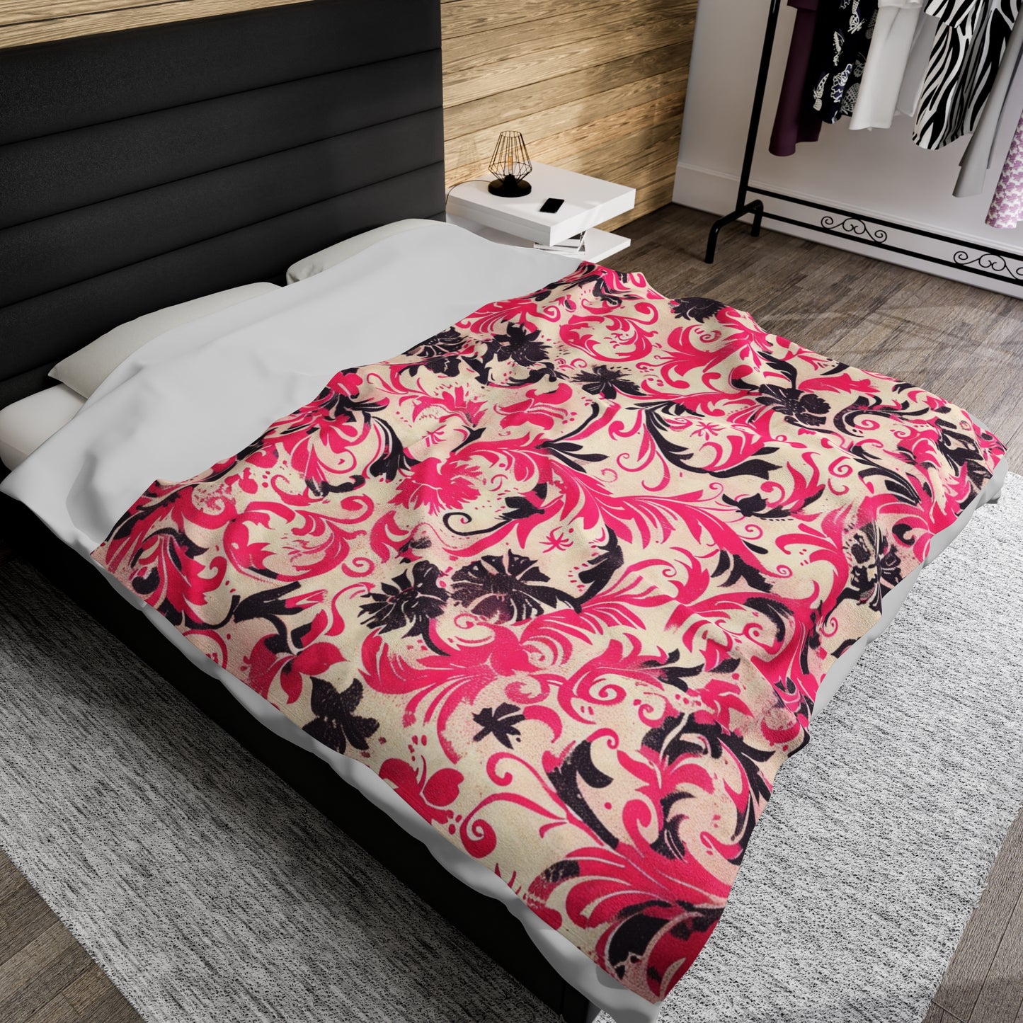 Pink and Black Floral Fantasy Velveteen Fleece - Throw Blanket