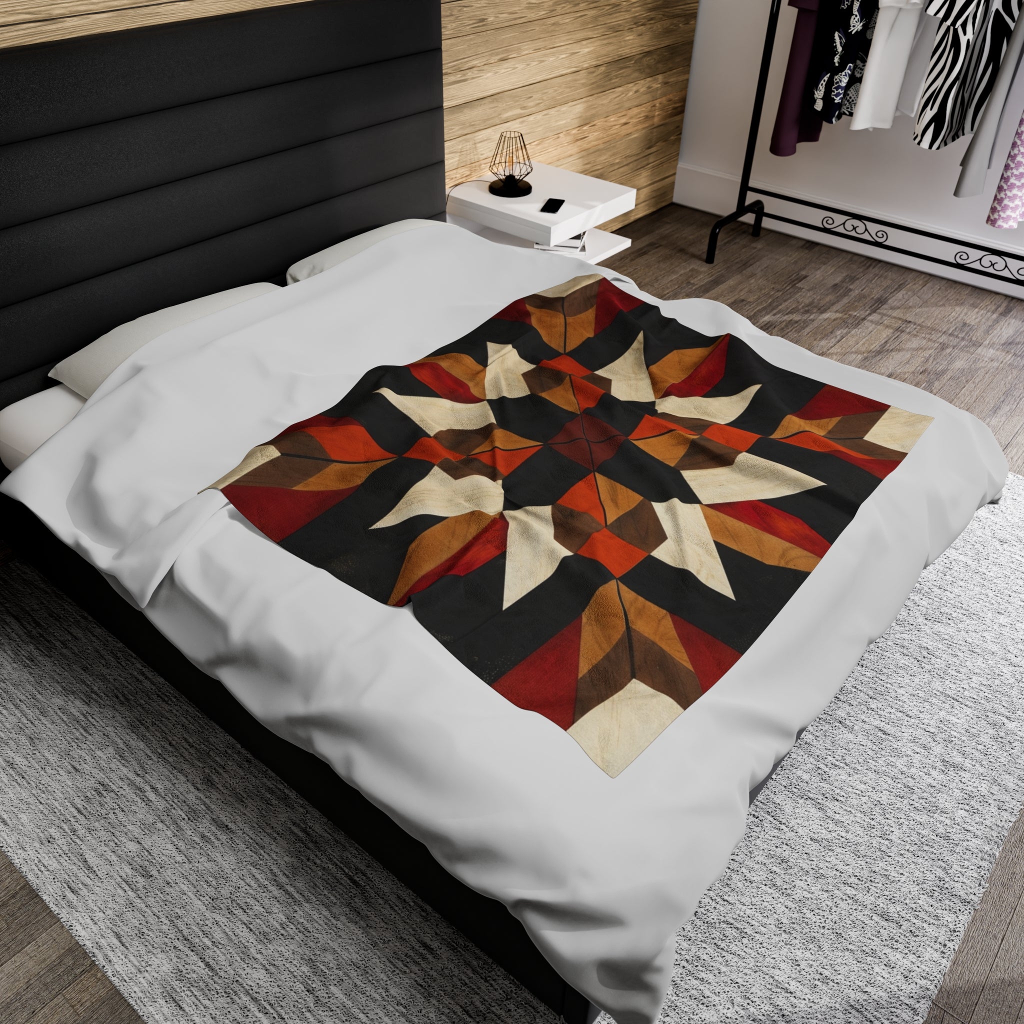 Black/Red/Orange Barn Quilt-Inspired Plush Throw Blanket - Cozy Geometric Velveteen Fleece Accent