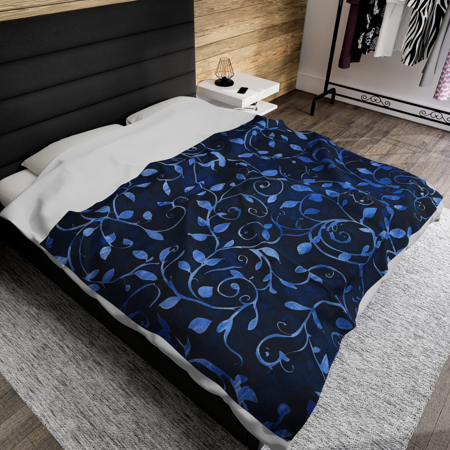 Midnight Vines Deep Blue Floral Vine Velveteen Fleece Throw Blanket