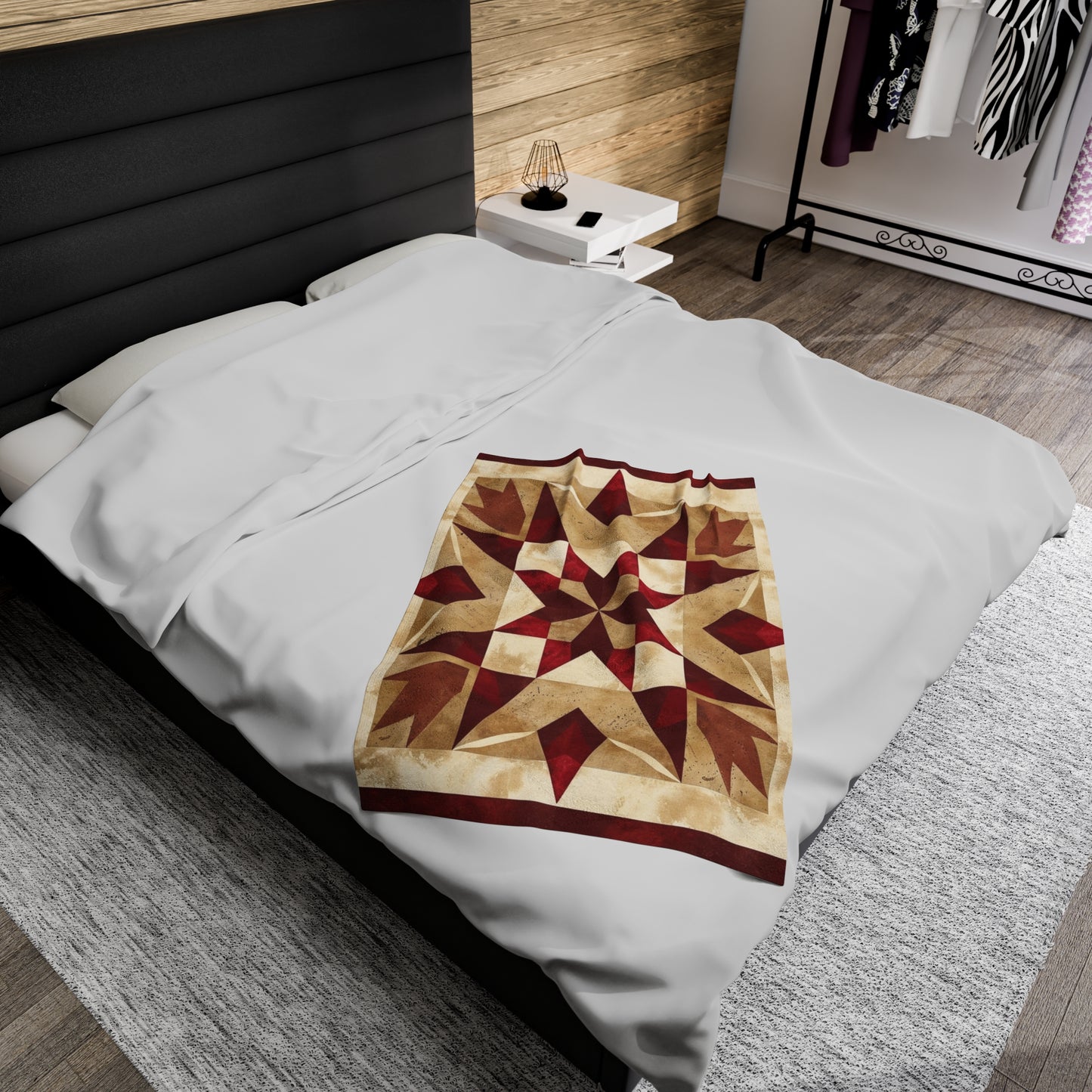 Red/Tan Multicolor Barn Quilt-Inspired Plush Throw Blanket - Cozy Geometric Velveteen Fleece Accent