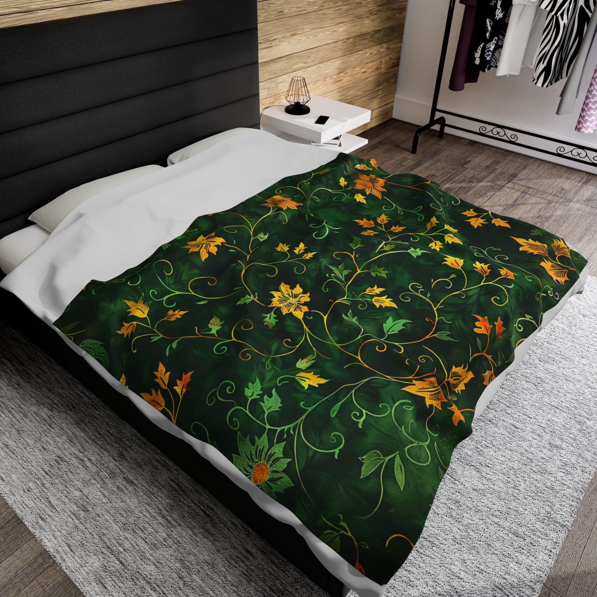 Autumn Whirl: A Golden Floral Velveteen Fleece Throw Blanket