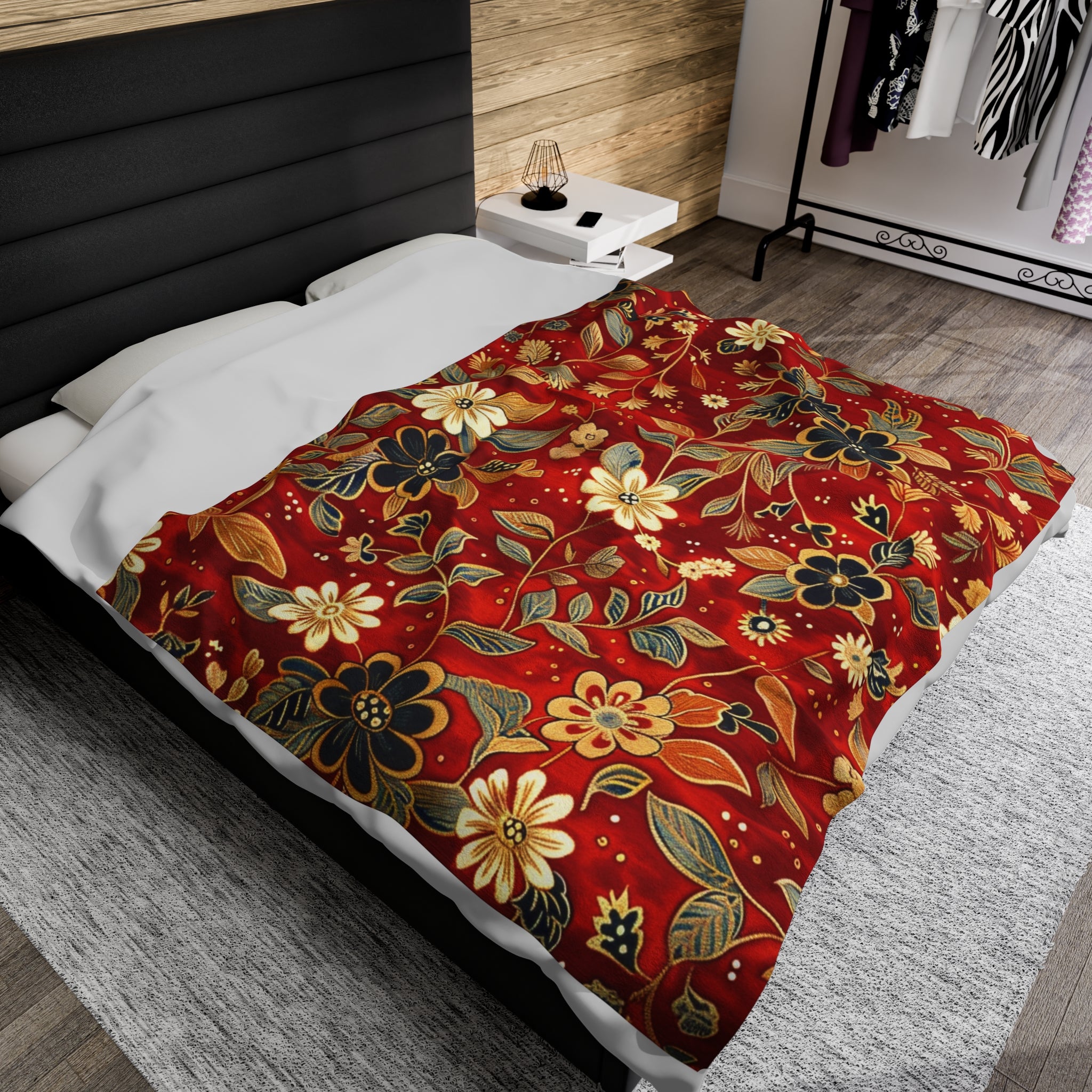 Autumn Harvest Festive Red and Gold Floral Velveteen Fleece Throw Blanket