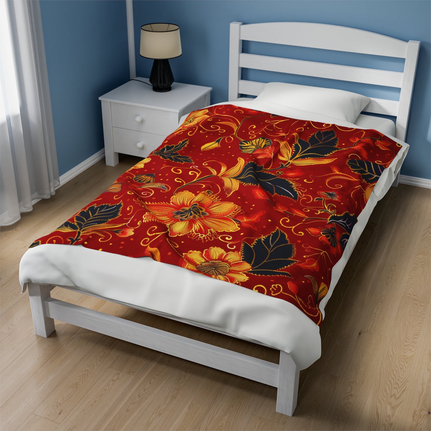 Fiery Florals Red and Gold Embellished Velveteen Fleece Throw Blanket