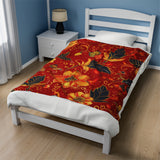 Fiery Florals Red and Gold Embellished Velveteen Fleece Throw Blanket