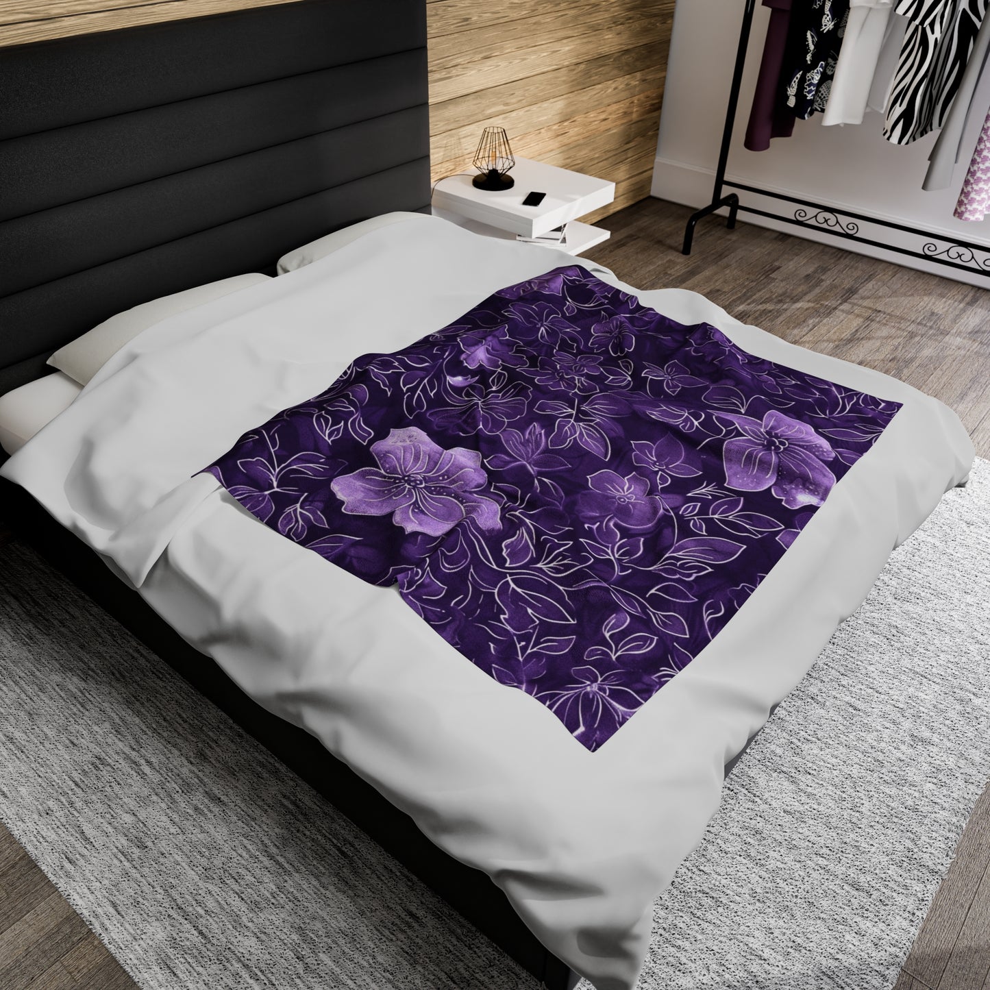 Regal Purple Blossoms Velveteen Fleece Throw Blanket