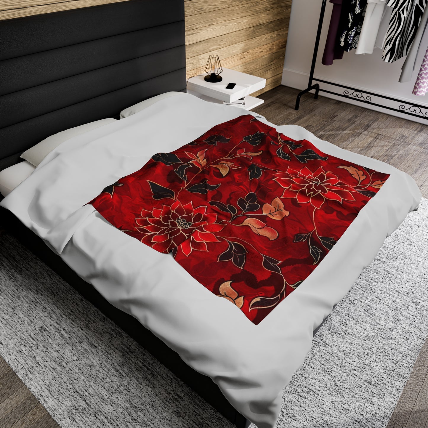 Scarlet Symphony Red and Black Floral Velveteen Fleece Throw Blanket