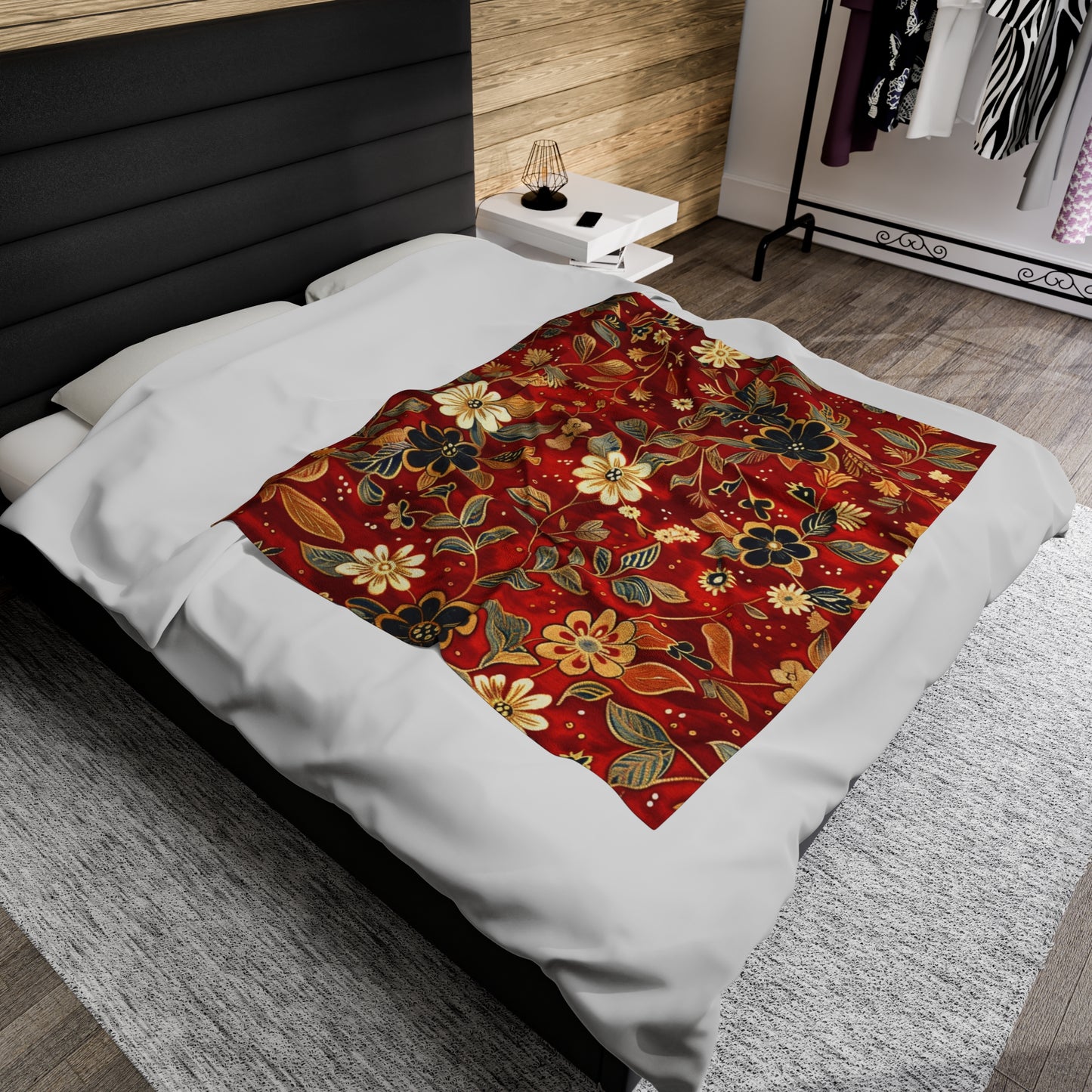 Autumn Harvest Festive Red and Gold Floral Velveteen Fleece Throw Blanket