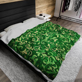 Verde Vibrance Spirited Green and Cream Floral Velveteen Fleece Throw Blanket