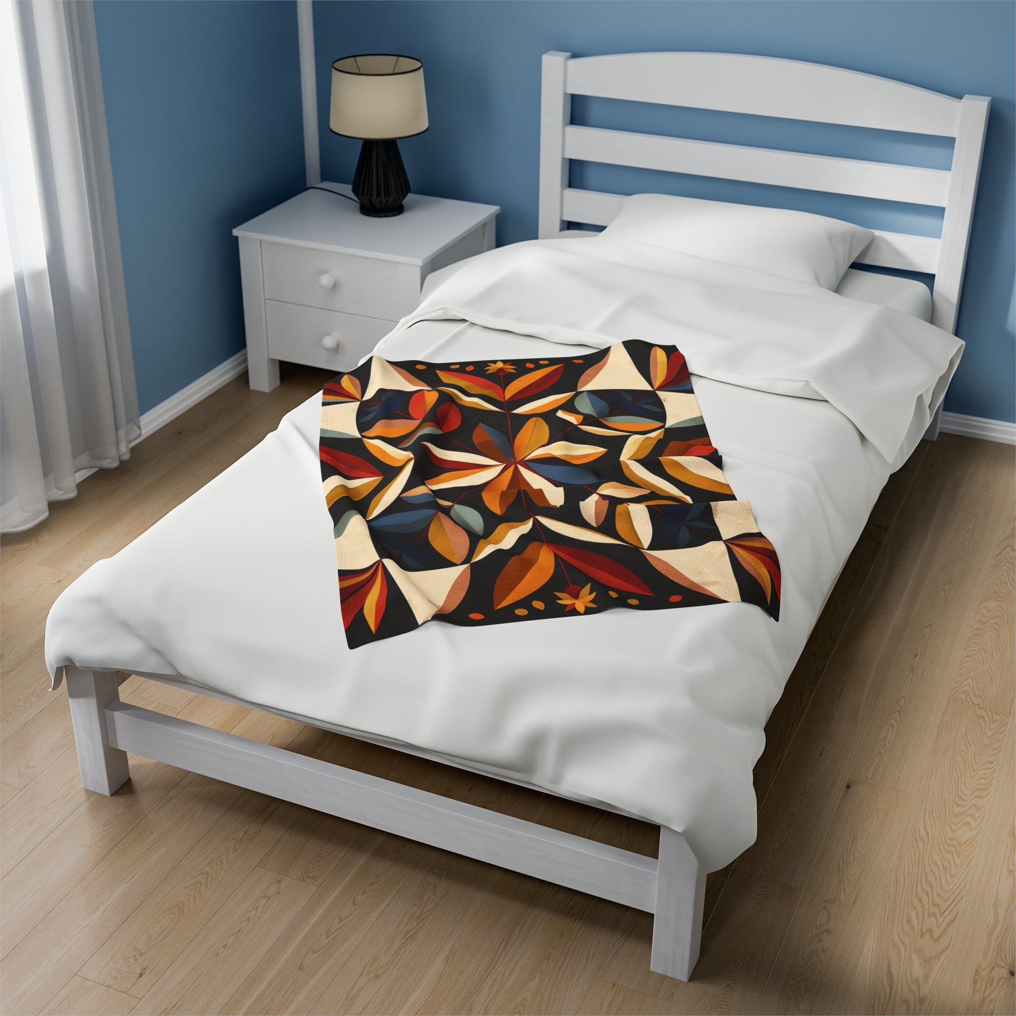 Tan/Blue/Red Multicolor Barn Quilt-Inspired Plush Throw Blanket - Cozy Geometric Velveteen Fleece Accent