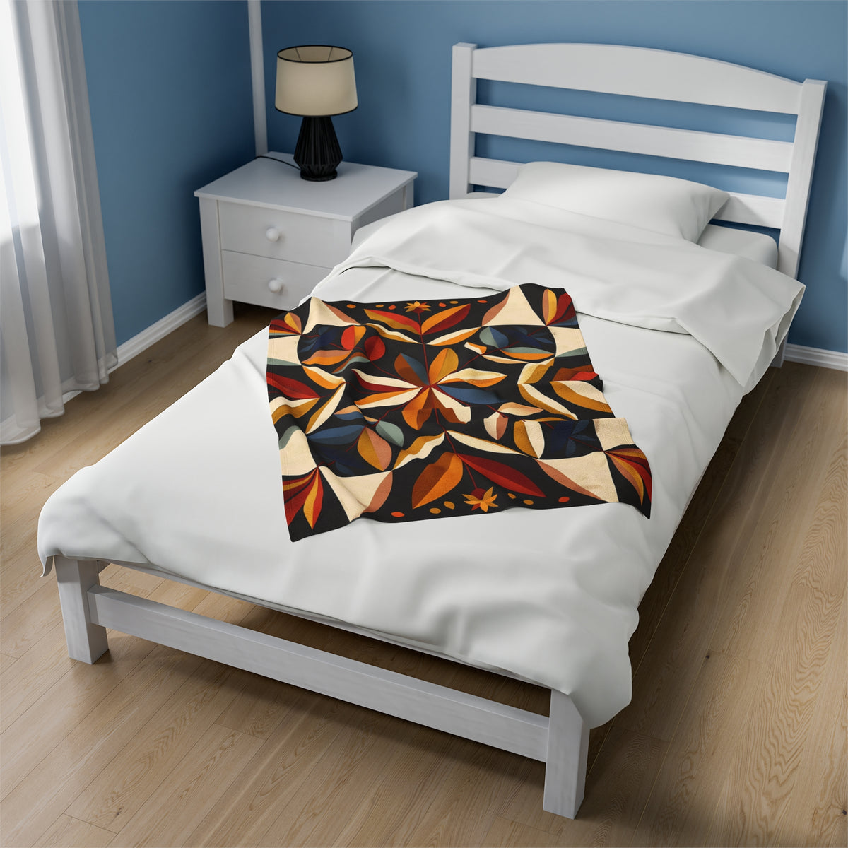 Tan/Blue/Red Multicolor Barn Quilt-Inspired Plush Throw Blanket - Cozy Geometric Velveteen Fleece Accent