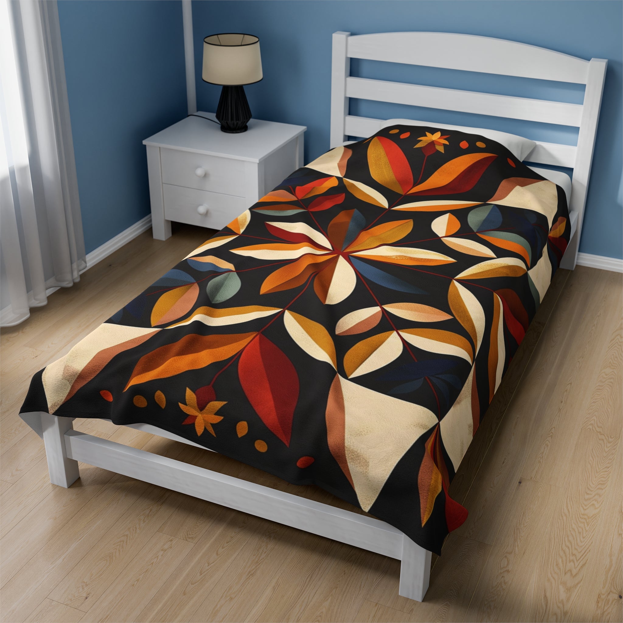 Tan/Blue/Red Multicolor Barn Quilt-Inspired Plush Throw Blanket - Cozy Geometric Velveteen Fleece Accent
