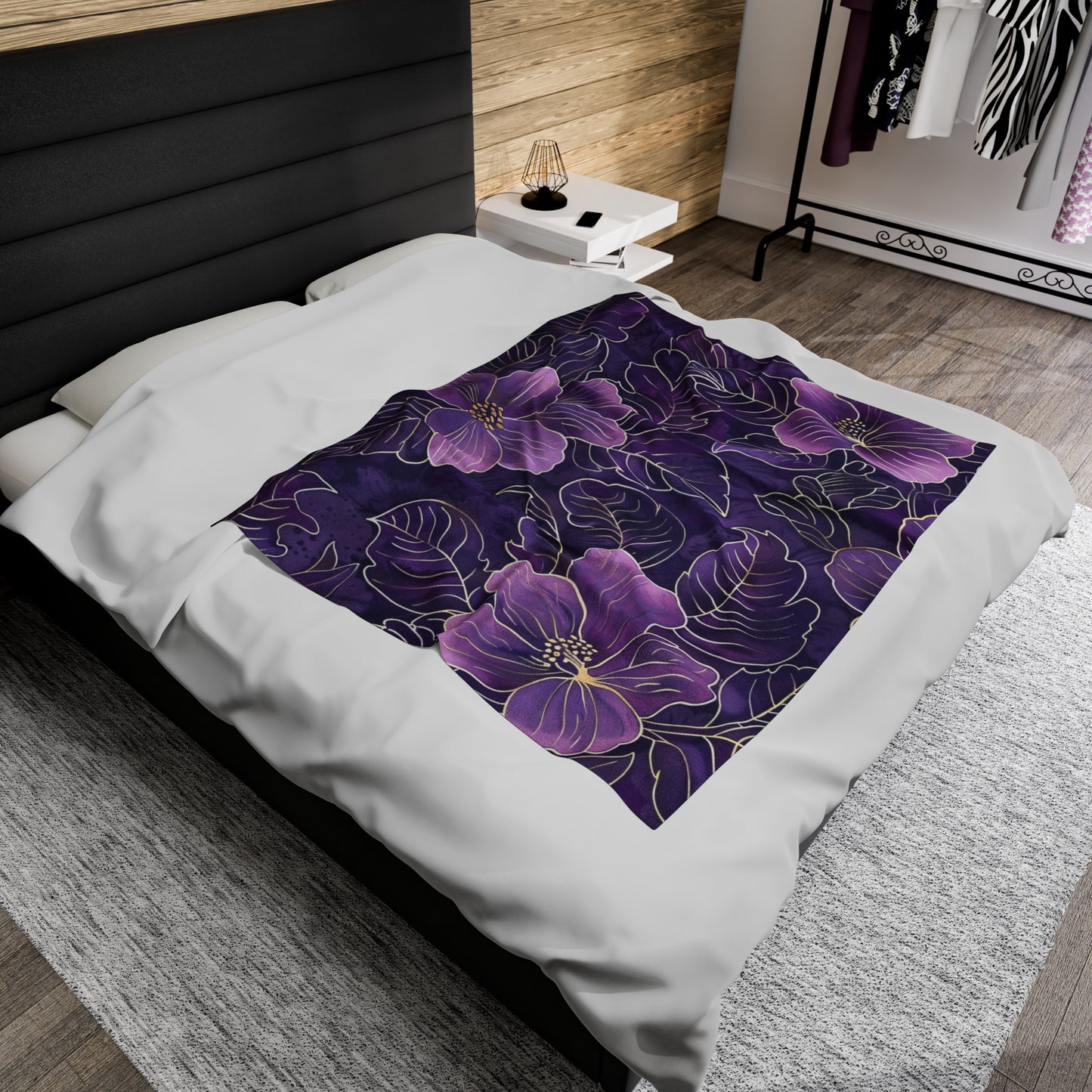 Midnight Hibiscus Velveteen Fleece Throw Blanket