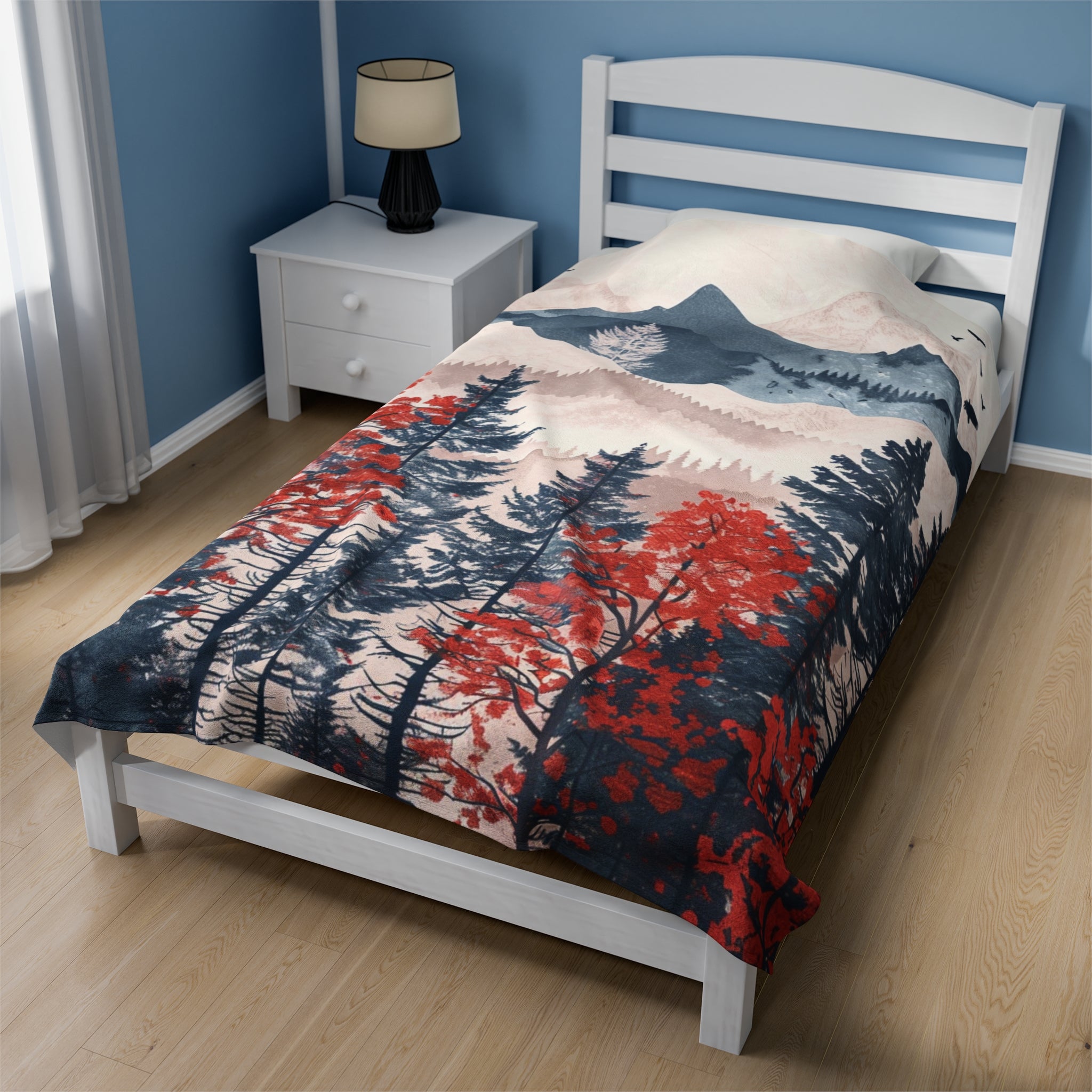 Velveteen Fleece Forest Blanket: Red White and Blue Woodland Beauty