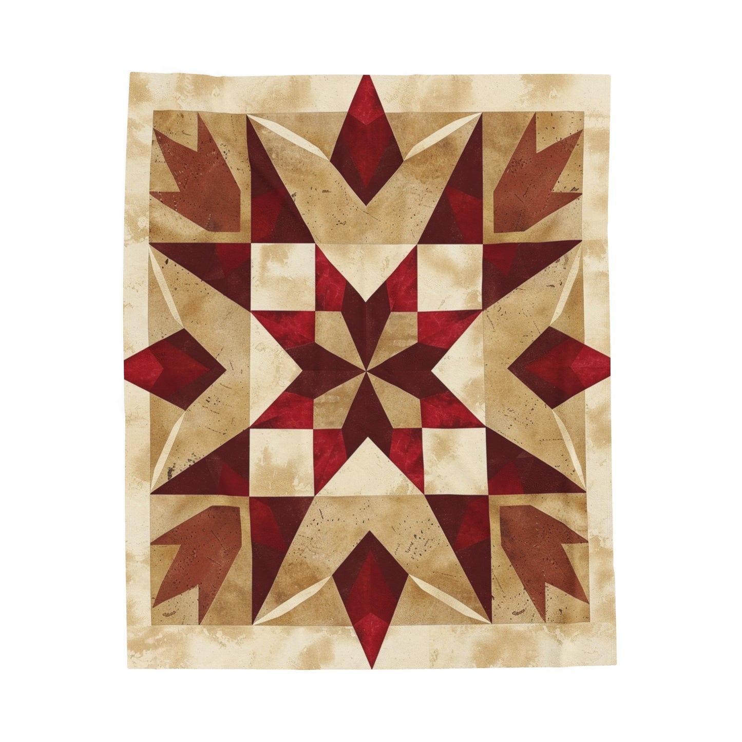 Red/Tan Multicolor Barn Quilt-Inspired Plush Throw Blanket - Cozy Geometric Velveteen Fleece Accent