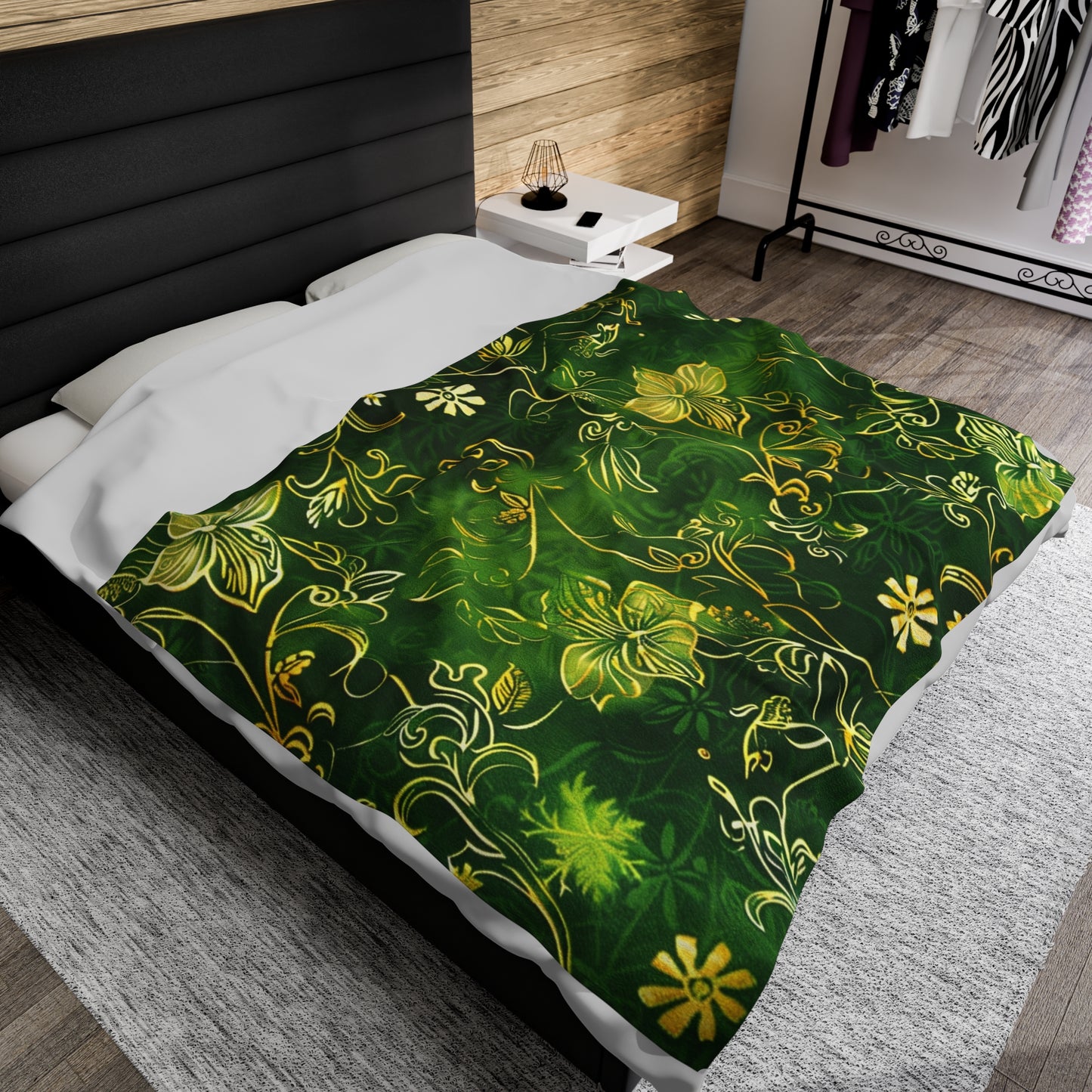 Emerald Elegance Gold and Green Floral Velveteen Fleece Throw Blanket