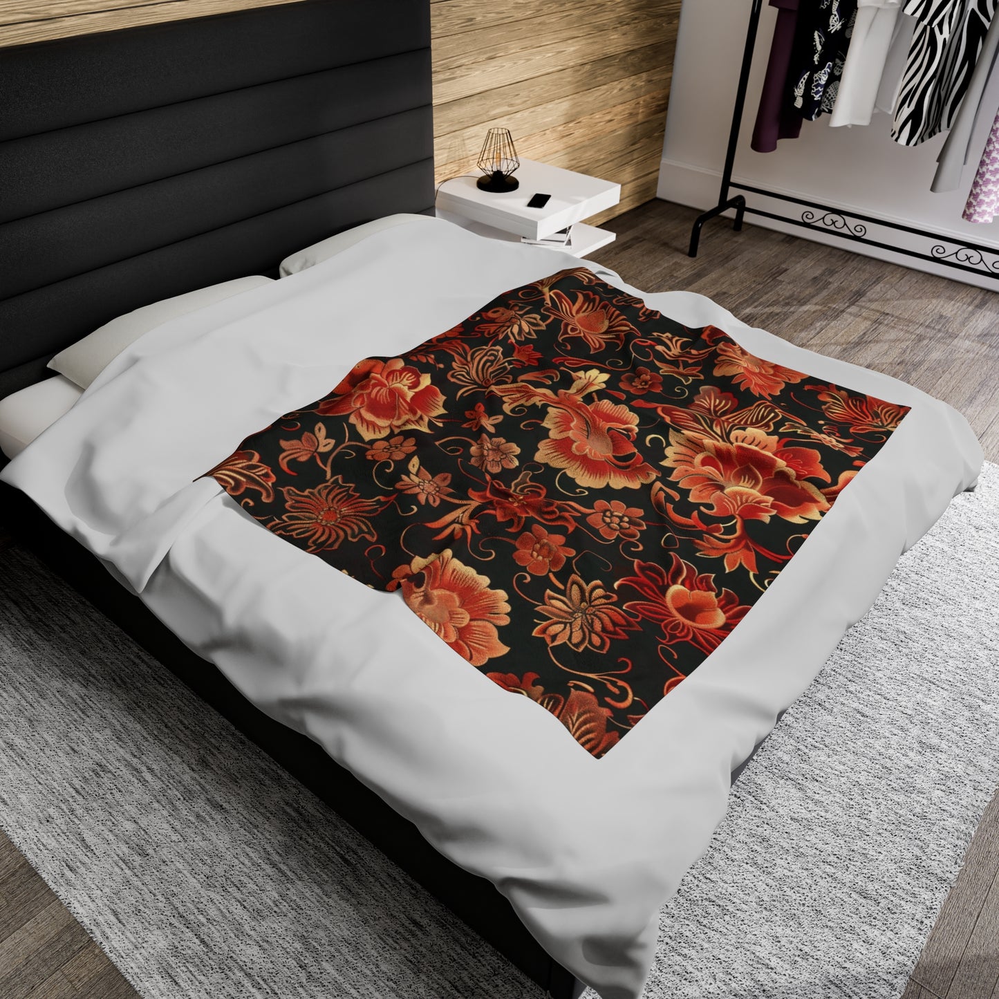 Oriental Opulence Rich Red and Black Floral Velveteen Fleece Throw Blanket