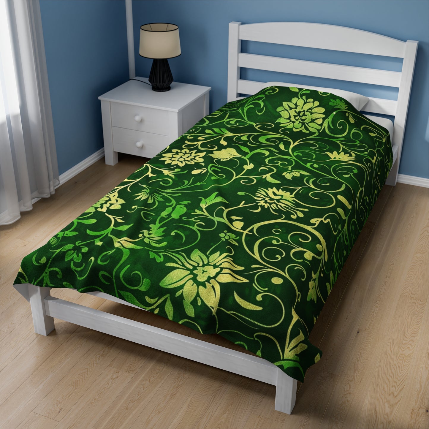 Verdant Vines Green Floral - Velveteen Fleece Throw Blanket