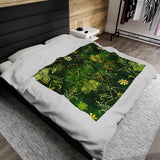 Emerald Elegance Gold and Green Floral Velveteen Fleece Throw Blanket