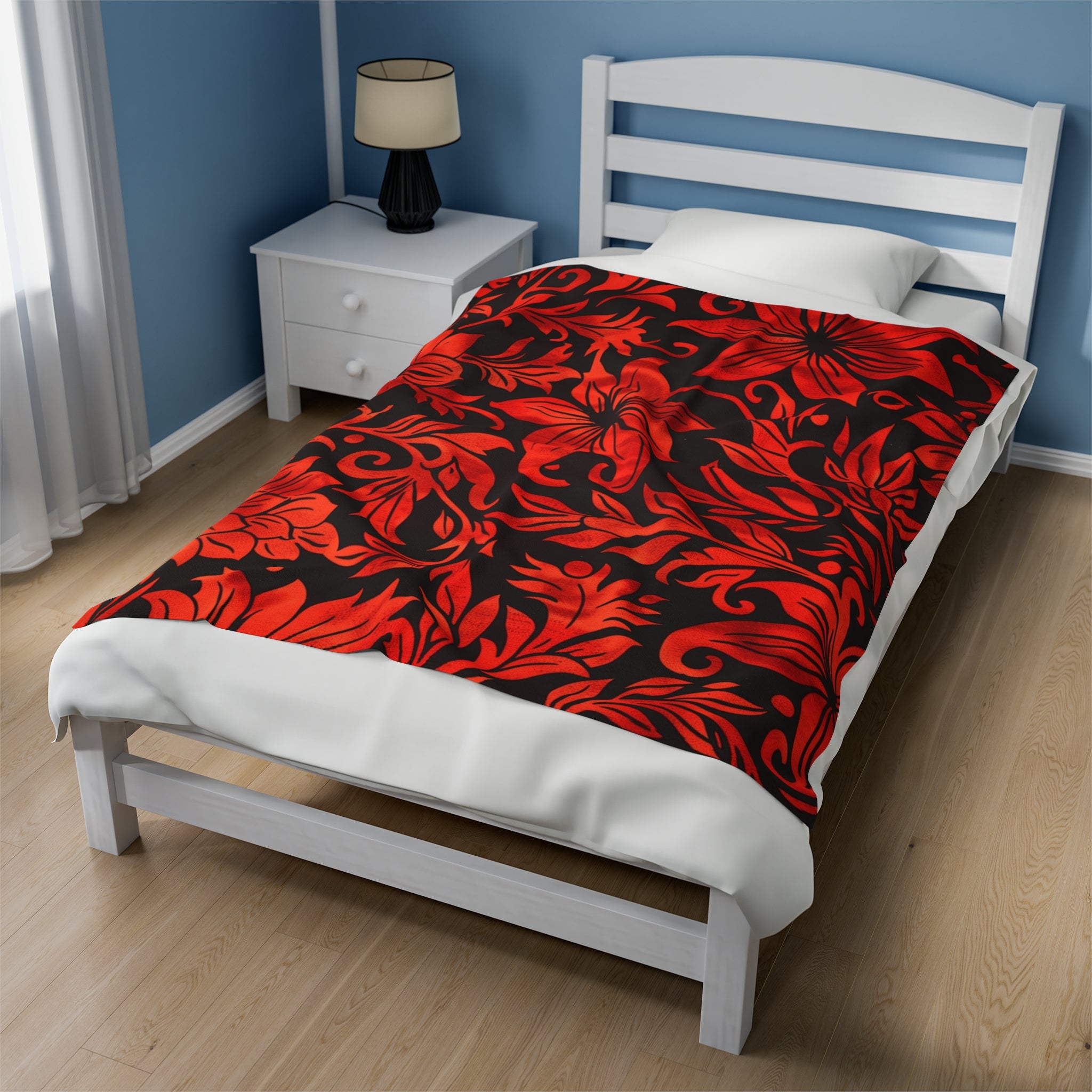 Crimson Contrast Striking Red and Black Floral Elegance Velveteen Fleece Throw Blanket