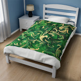 Lush Foliage Flourish A Dynamic Green and Gold Floral Velveteen Fleece Throw Blanket