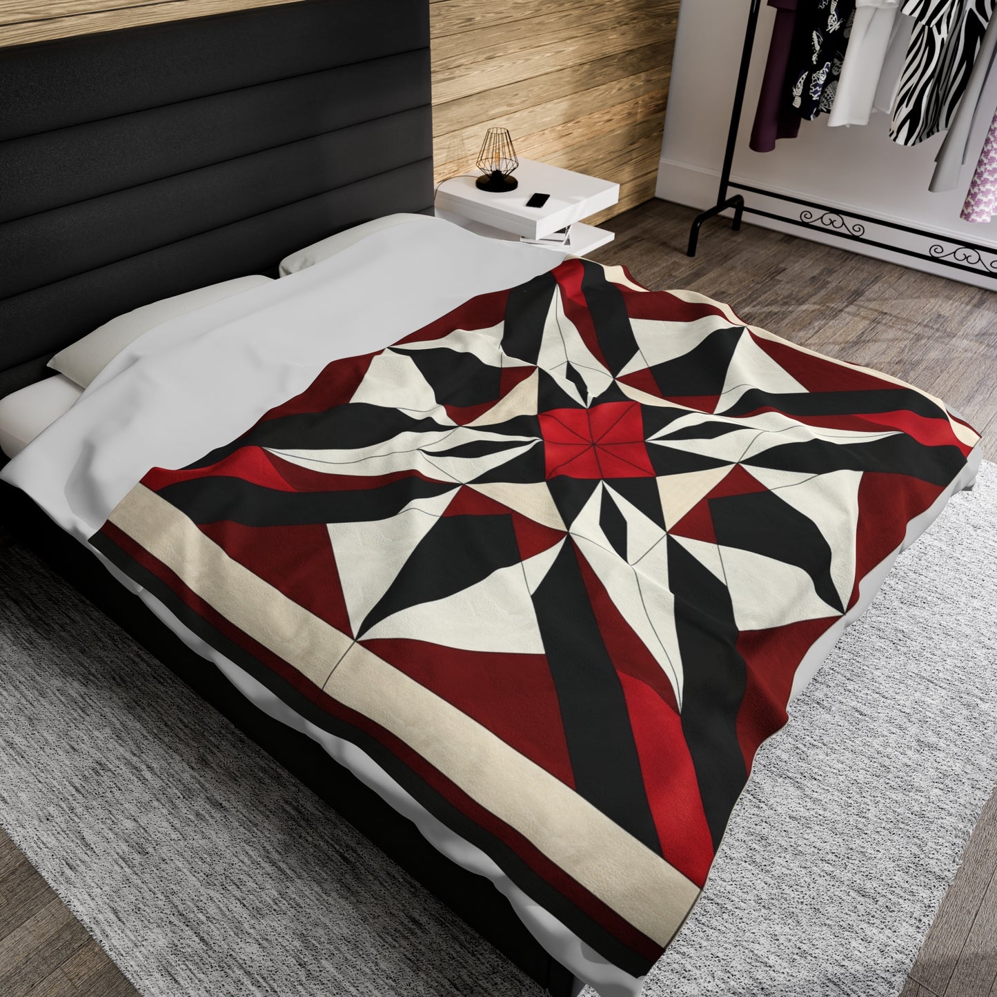 Red, Black and White Barn Quilt-Inspired Plush Throw Blanket - Cozy Geometric Velveteen Fleece Accent