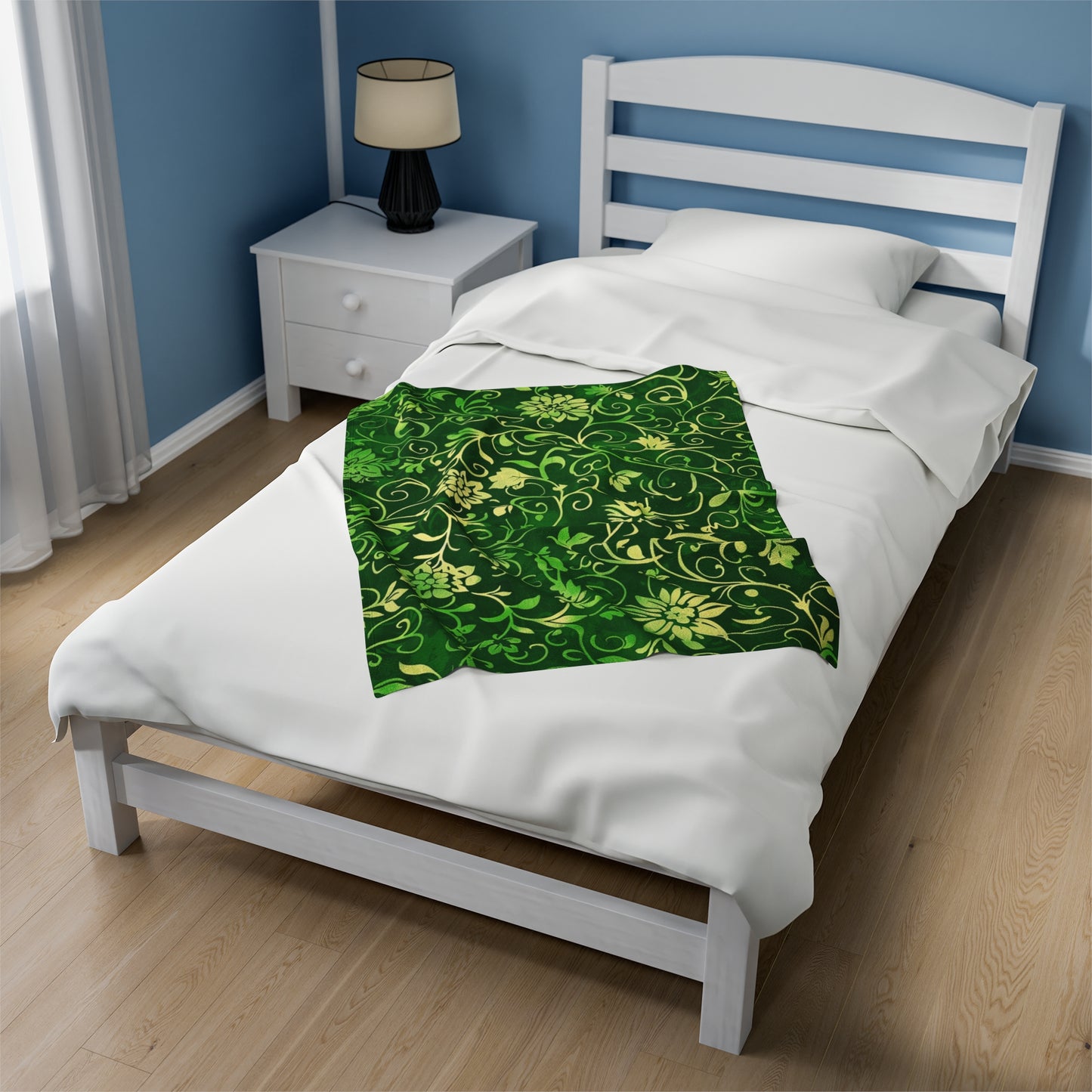 Verdant Vines Green Floral - Velveteen Fleece Throw Blanket