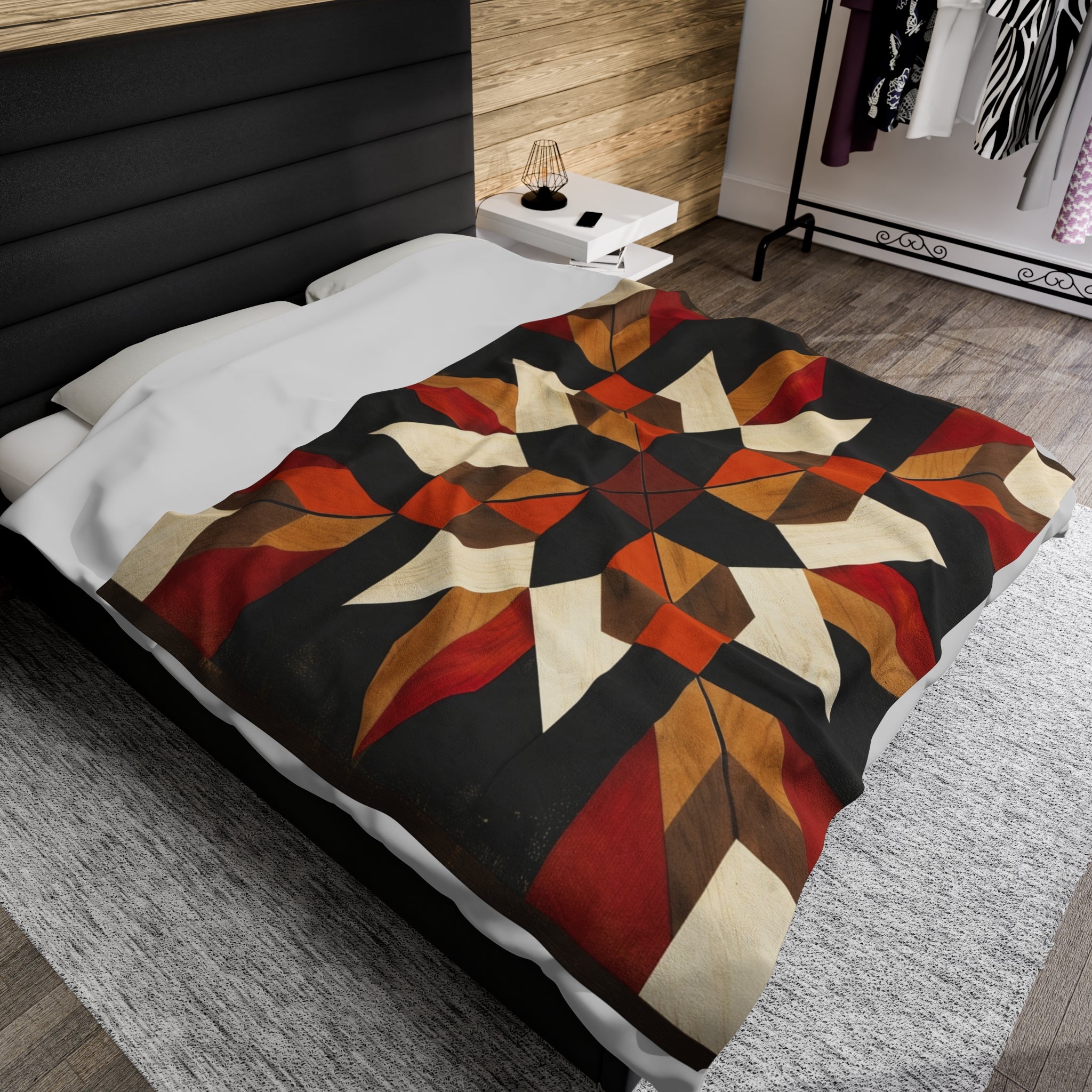 Black/Red/Orange Barn Quilt-Inspired Plush Throw Blanket - Cozy Geometric Velveteen Fleece Accent