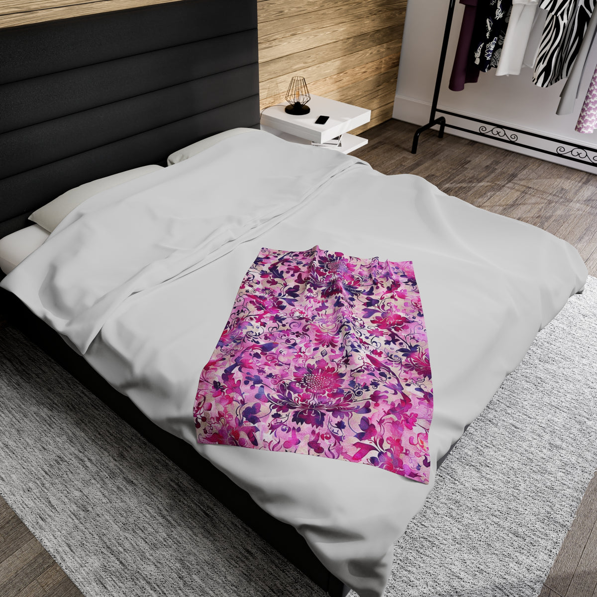 Floral Symphony in Pink and Magenta Velveteen Fleece Throw Blanket
