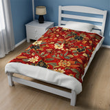 Autumn Harvest Festive Red and Gold Floral Velveteen Fleece Throw Blanket