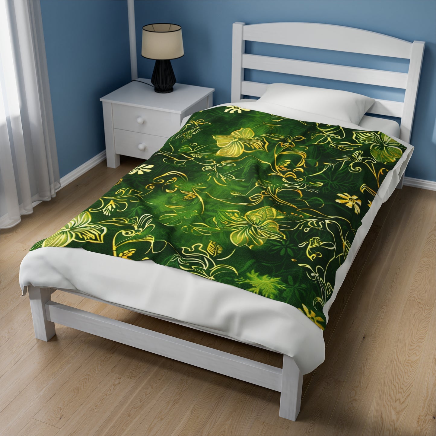 Emerald Elegance Gold and Green Floral Velveteen Fleece Throw Blanket