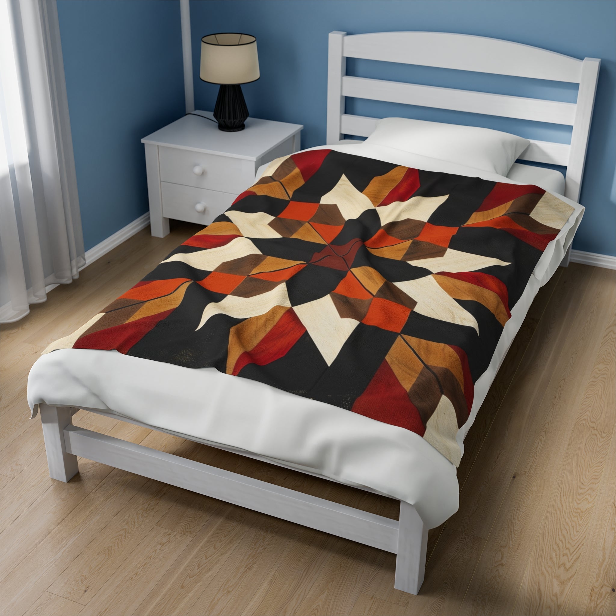 Black/Red/Orange Barn Quilt-Inspired Plush Throw Blanket - Cozy Geometric Velveteen Fleece Accent