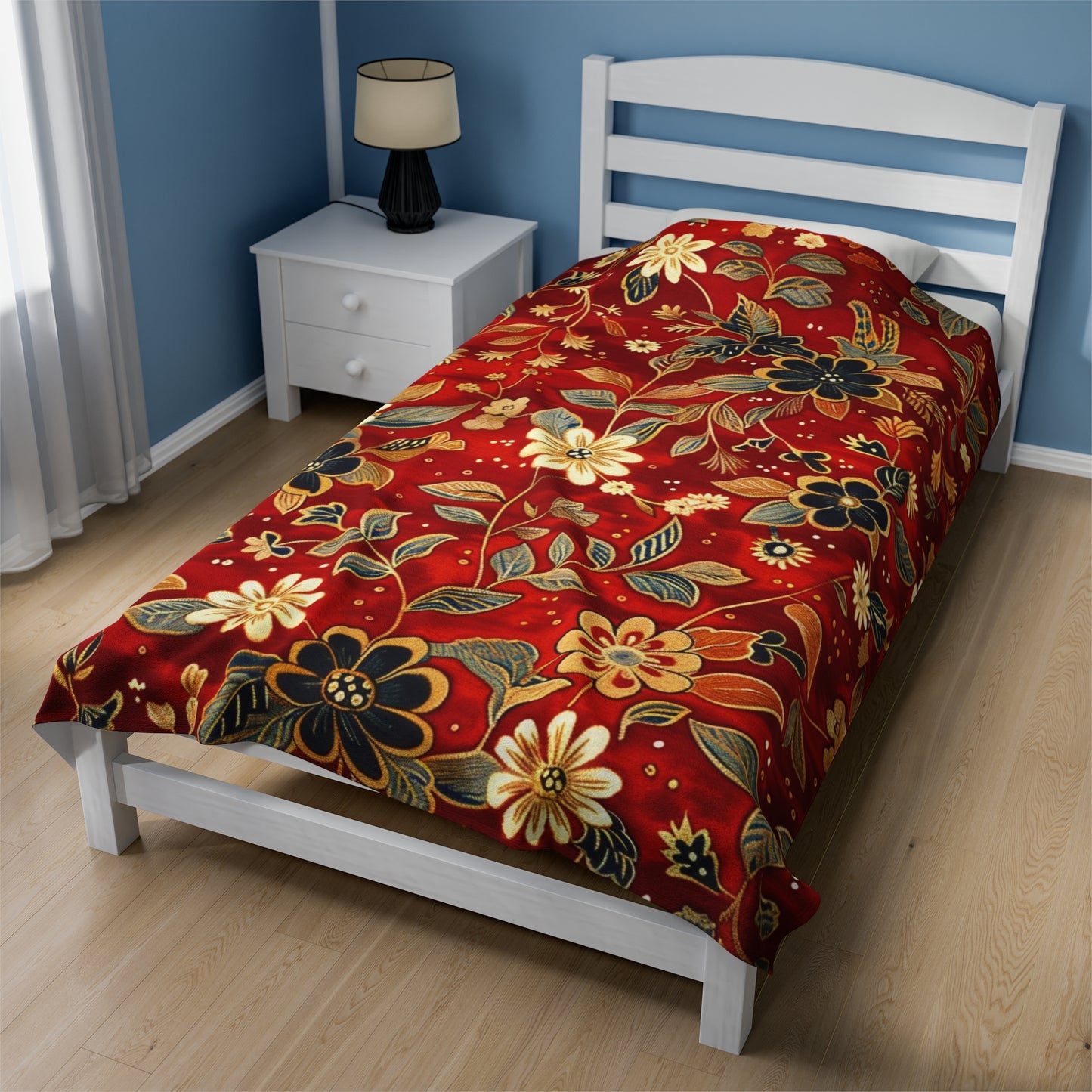 Autumn Harvest Festive Red and Gold Floral Velveteen Fleece Throw Blanket