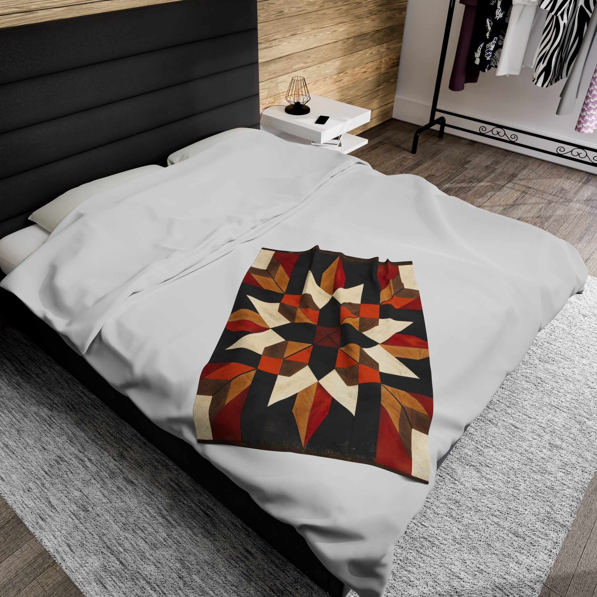 Black/Red/Orange Barn Quilt-Inspired Plush Throw Blanket - Cozy Geometric Velveteen Fleece Accent