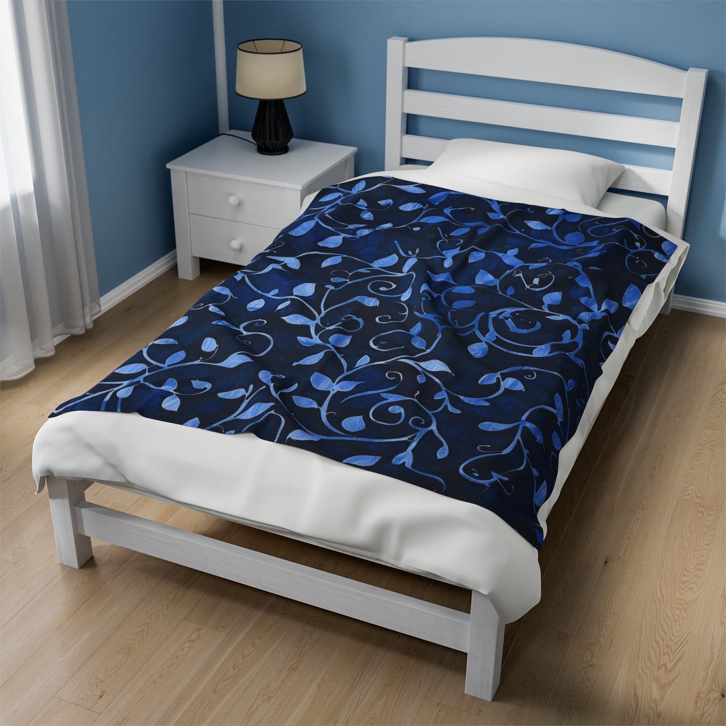 Midnight Vines Deep Blue Floral Vine Velveteen Fleece Throw Blanket