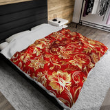 Regal Red and Gold Luxurious Floral Velveteen Fleece Throw Blanket