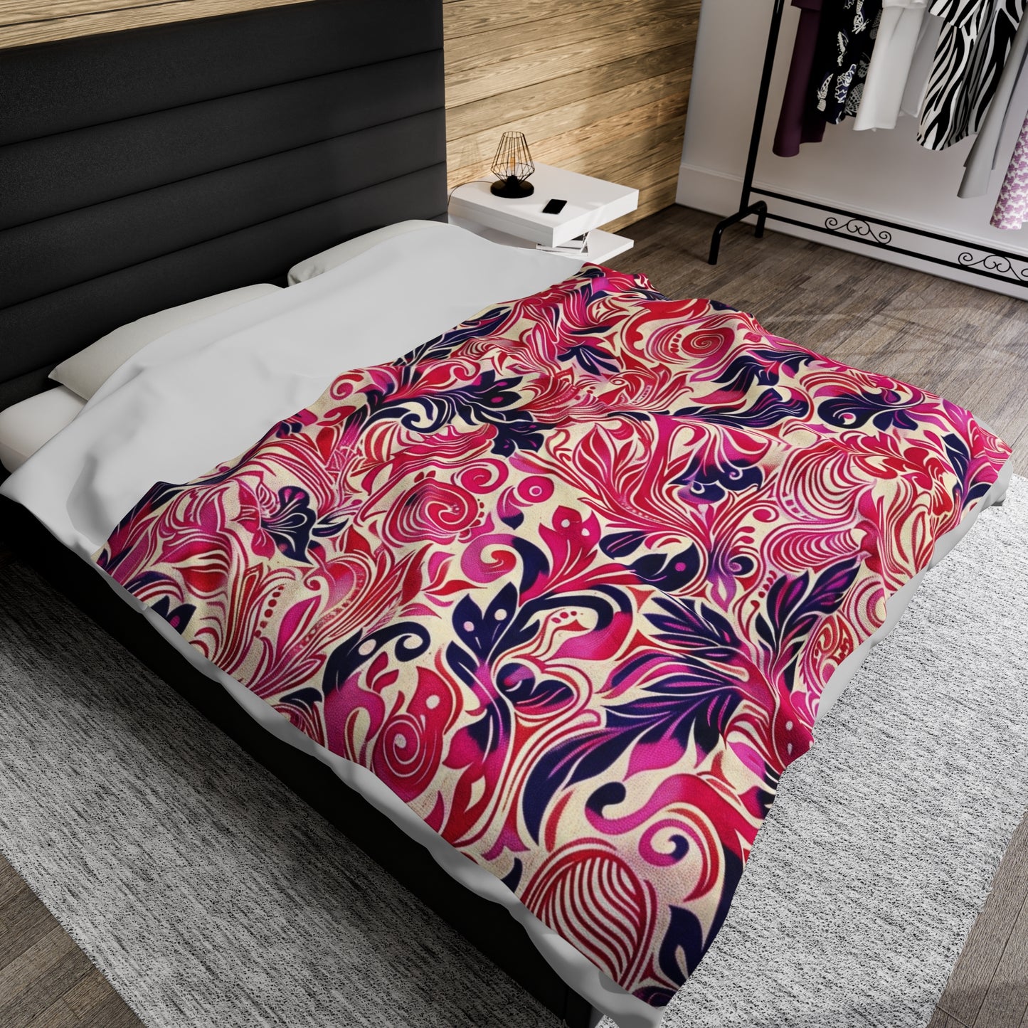 Bold and Beautiful Pink and Purple Floral Whirl - Velveteen Fleece Throw Blanket