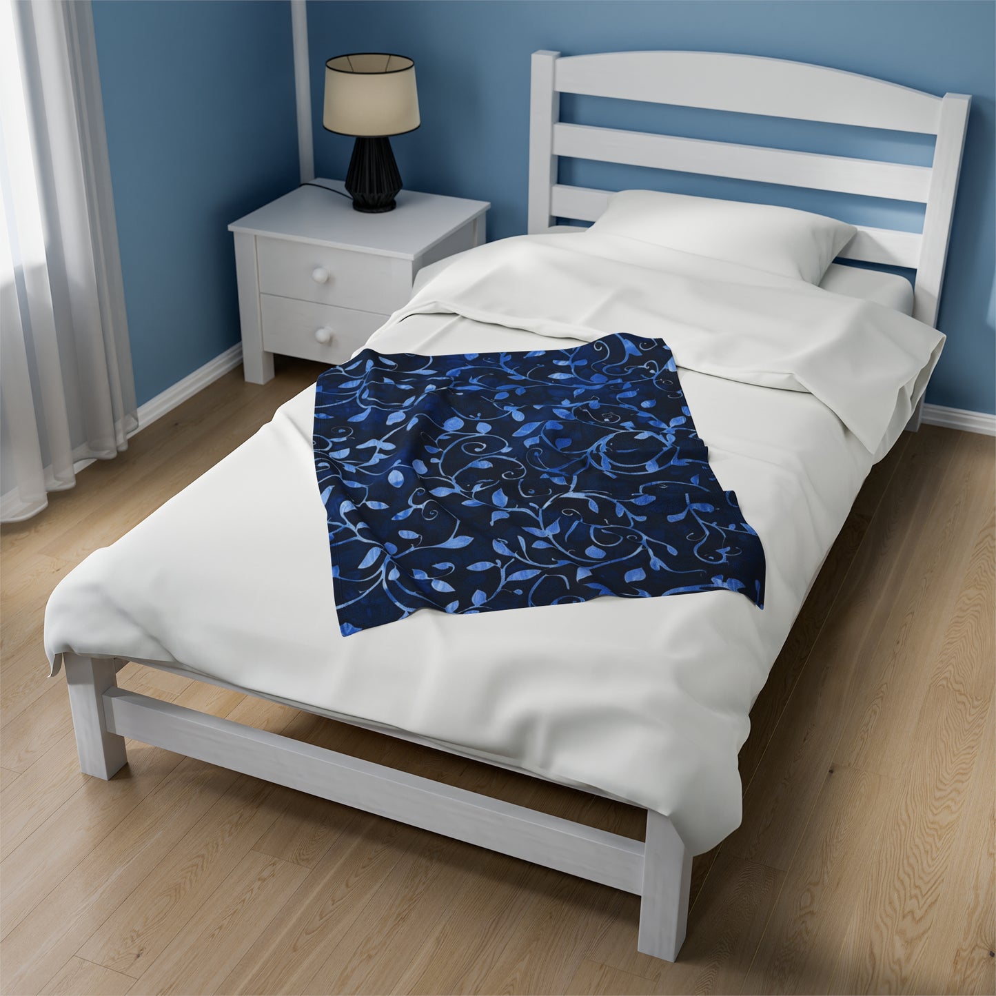 Midnight Vines Deep Blue Floral Vine Velveteen Fleece Throw Blanket