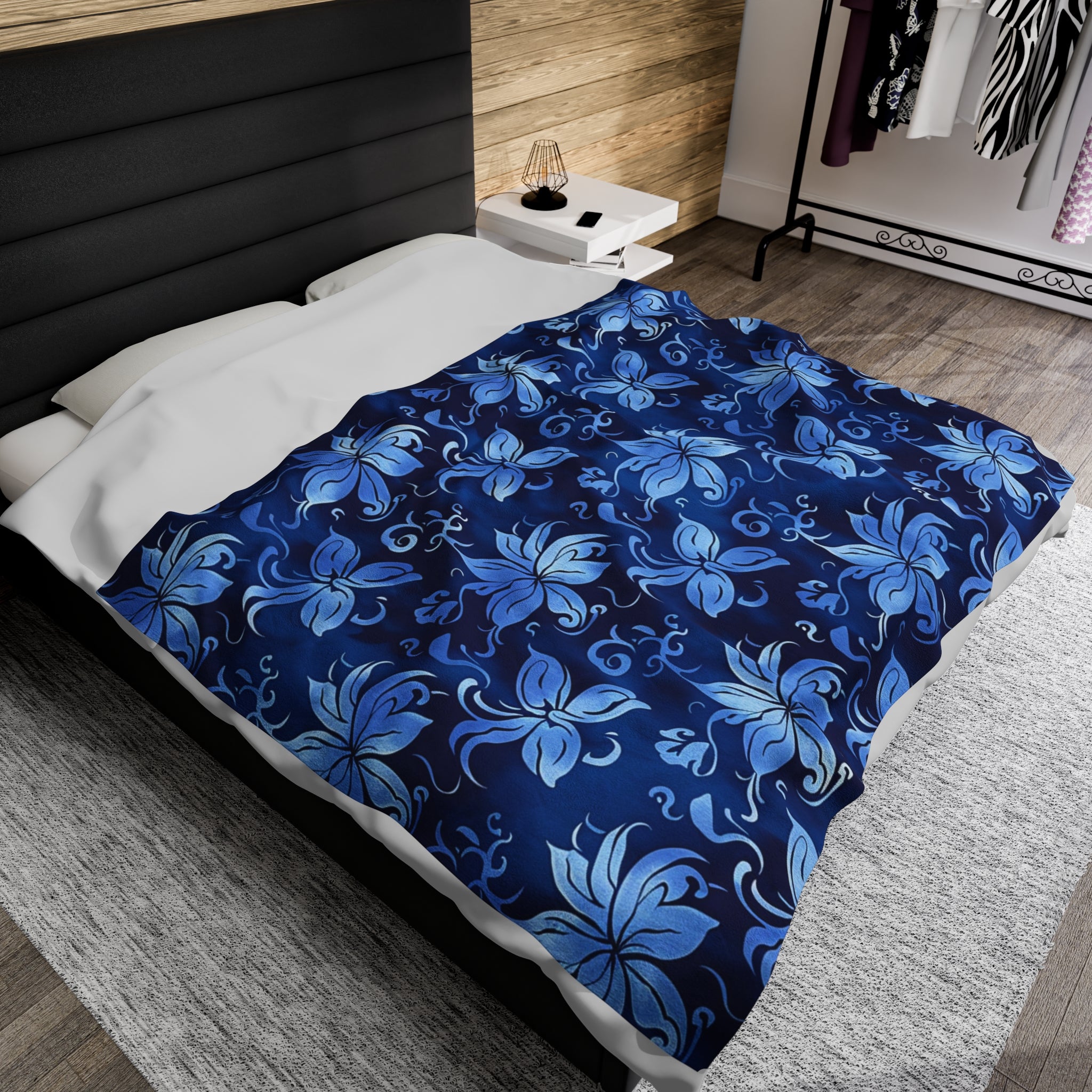 Blue Serenity Harmonious Floral - Velveteen Fleece Throw Blanket
