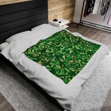 Verde Vibrance Spirited Green and Cream Floral Velveteen Fleece Throw Blanket