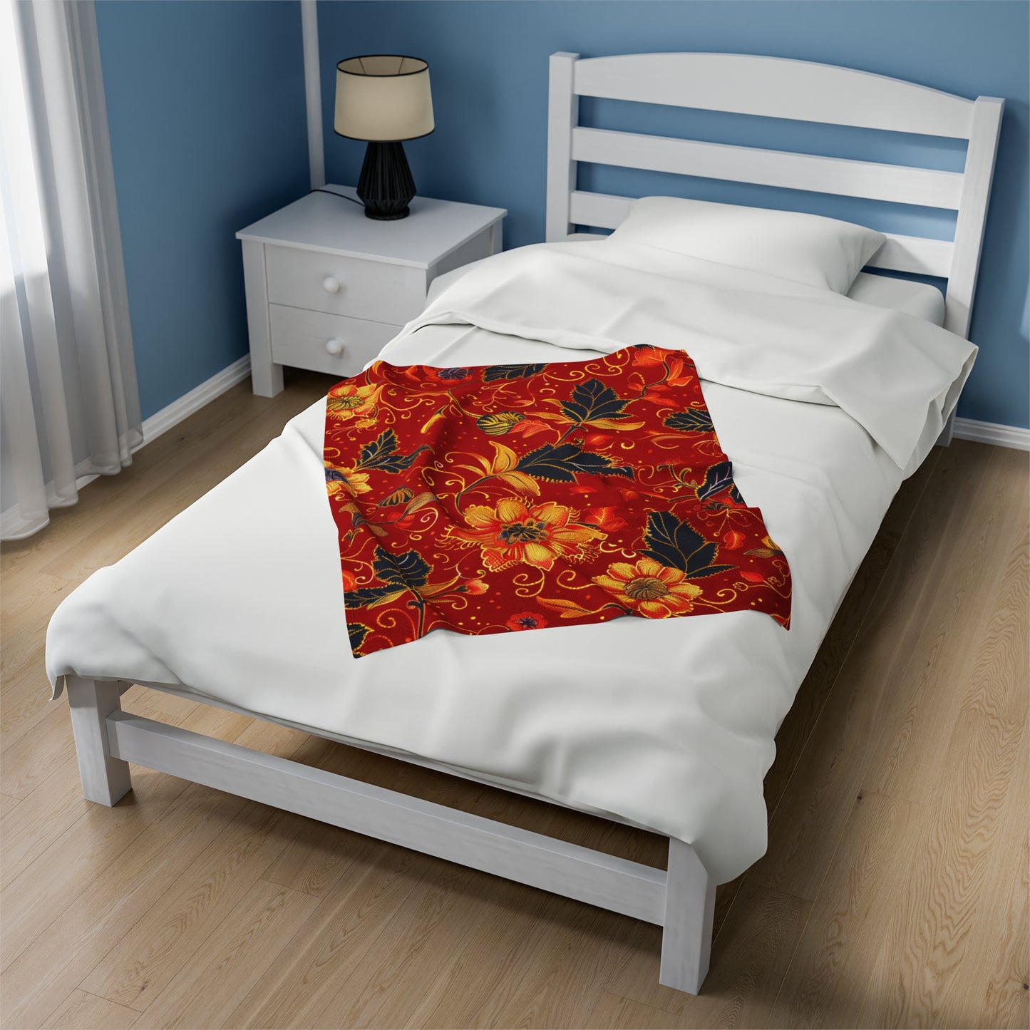 Fiery Florals Red and Gold Embellished Velveteen Fleece Throw Blanket